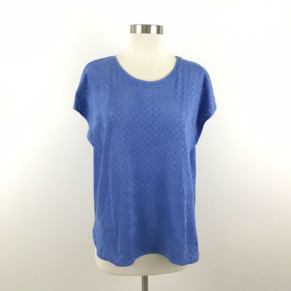 Conrad‎ C Collection Womens 10 Top Blue Suede Laser Cut Short Cap Sleeve Dolman